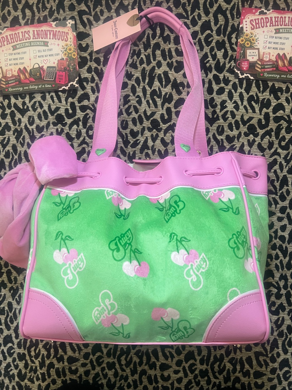 Juicy Couture Cherry Gelato Daydreamer Tote Bag Retro Green Pink Velvet NWT
